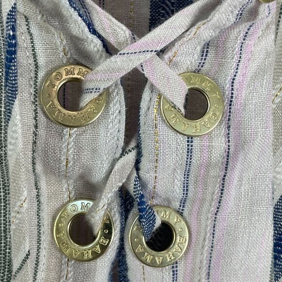 Tommy Bahama Womens Medium Striped Tunic Top Lace Up Neck Linen Blend Shirt - Picture 10 of 12